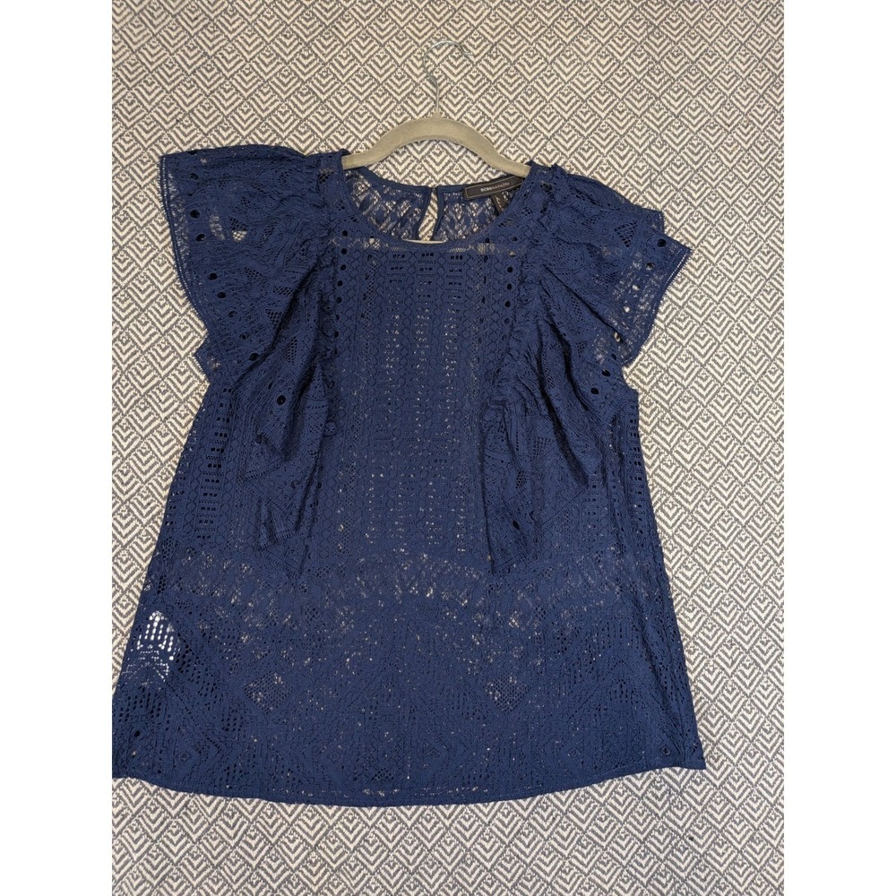 BCBGMAXAZRIA Navy Blue Lace Blouse Women's M Boho Sheer Short Sleeve Top